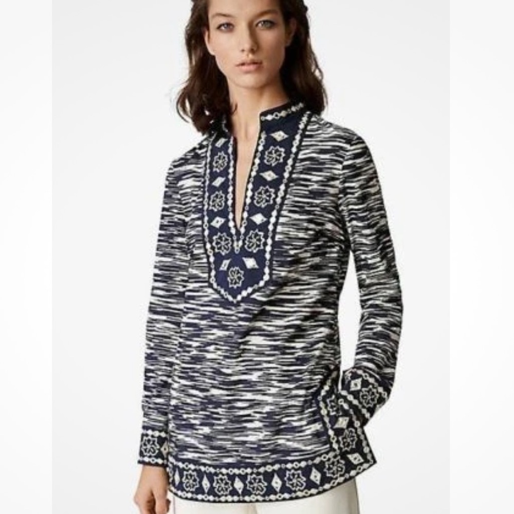 Tory Burch Tory tunic navy space dye embellished shisha mirror blouse Size 2